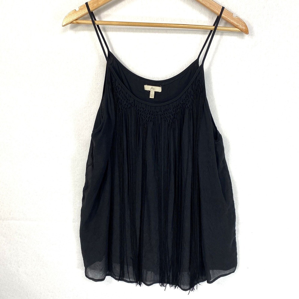 Joie Smocked Fringe Silk Top Black Sleeveless L  Spaghetti Strap Elegant Shirt